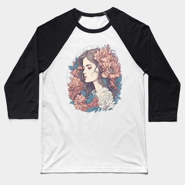 Floral Girl Illustration Baseball T-Shirt by ElMass